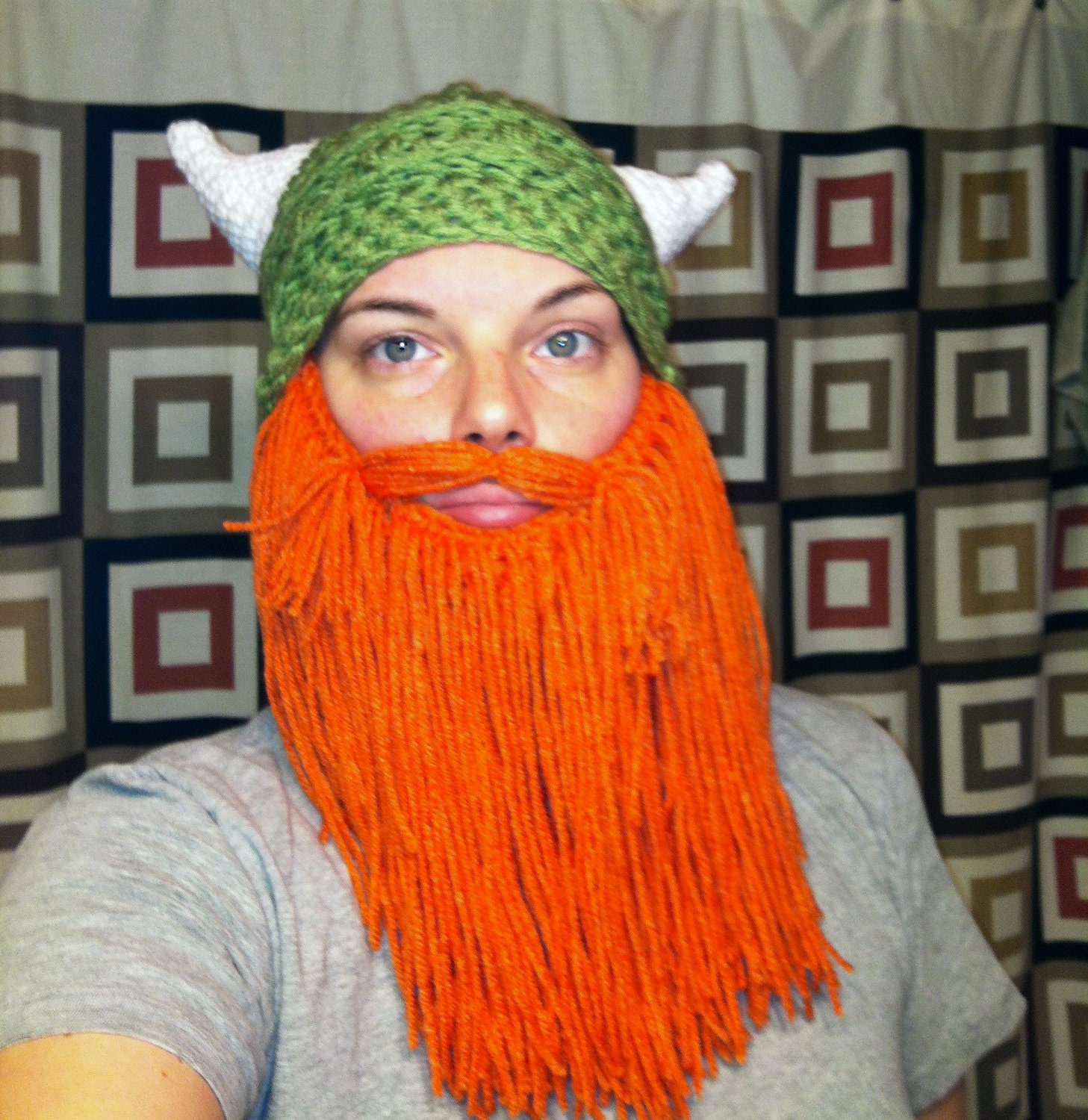 Viking Hat with Horns and Beard Hand Crocheted
