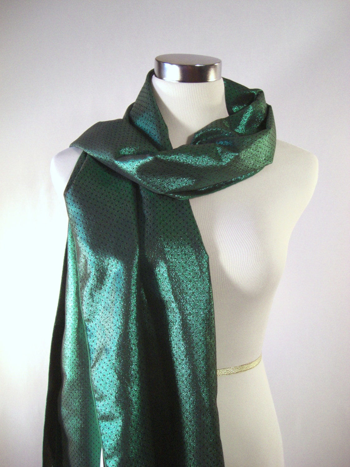 Holiday Long Scarf - Silky Satin Scarf - Metallic Green Black Scarf - Shiny Green Black Dots Satin Scarf - Dressy Scarf