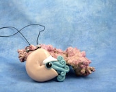 Raincloud Nautilus Necklace, Pale Blue Polymer Clay Jewelry Pendant