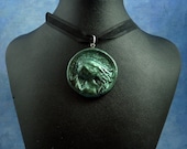 Dark Green Cthulhu Cameo Necklace, Polymer Clay Jewelry