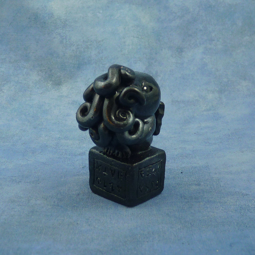 Antique Silver Cthulhu Figure with Base - Original Polymer Clay Sculpture