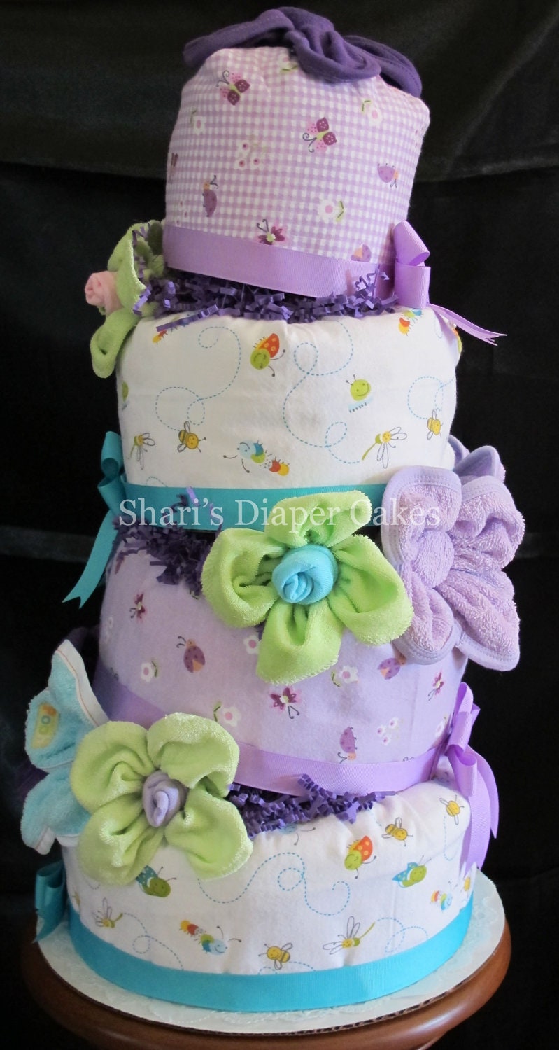 Stacked Topsy Turvy Floral 4-Tier Diaper Cake - Special Order - Baby Shower Gift - Baby Shower Centerpiece