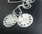 Hand stamped personalized name necklace with two discs HAMMERED with dots