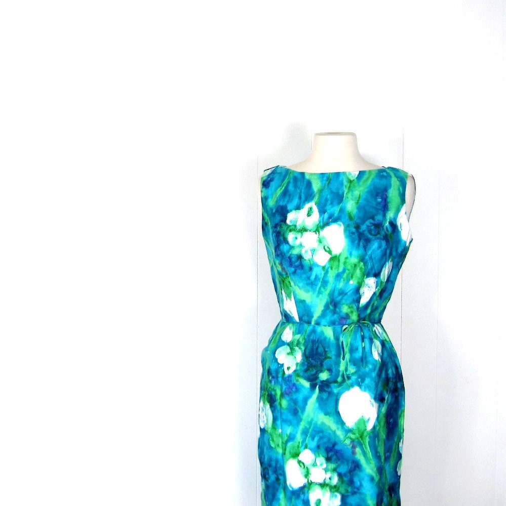 1960s Wiggle Dress / Tori Richard / Vintage 60s Dress / Watercolor Print / XS S