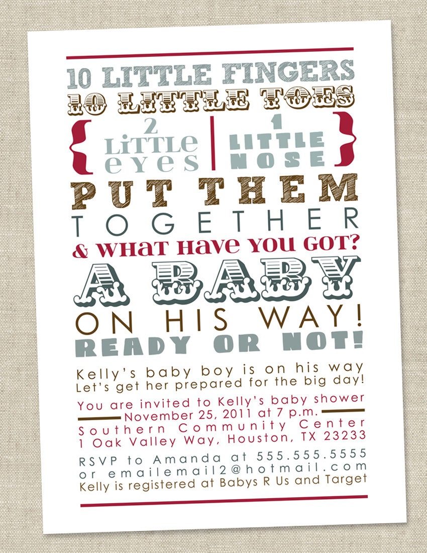 Baby Boy Shower Invitation - blue red words, boy boyish (DIY Printable Digital File OR Printed Cards)