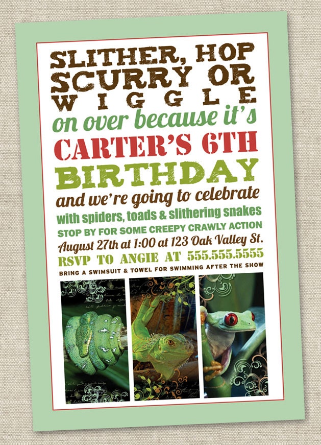 Reptile Birthday Party Invitation Invite - Snake Lizard Frog Alligator (Printable Digital File)