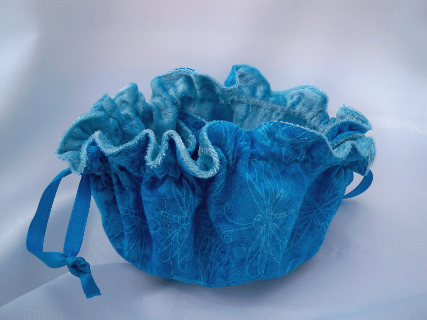 Jewelry Bag, Drawstring Pouch, Dragonfly Motif, Turquoise Cotton Fabric,