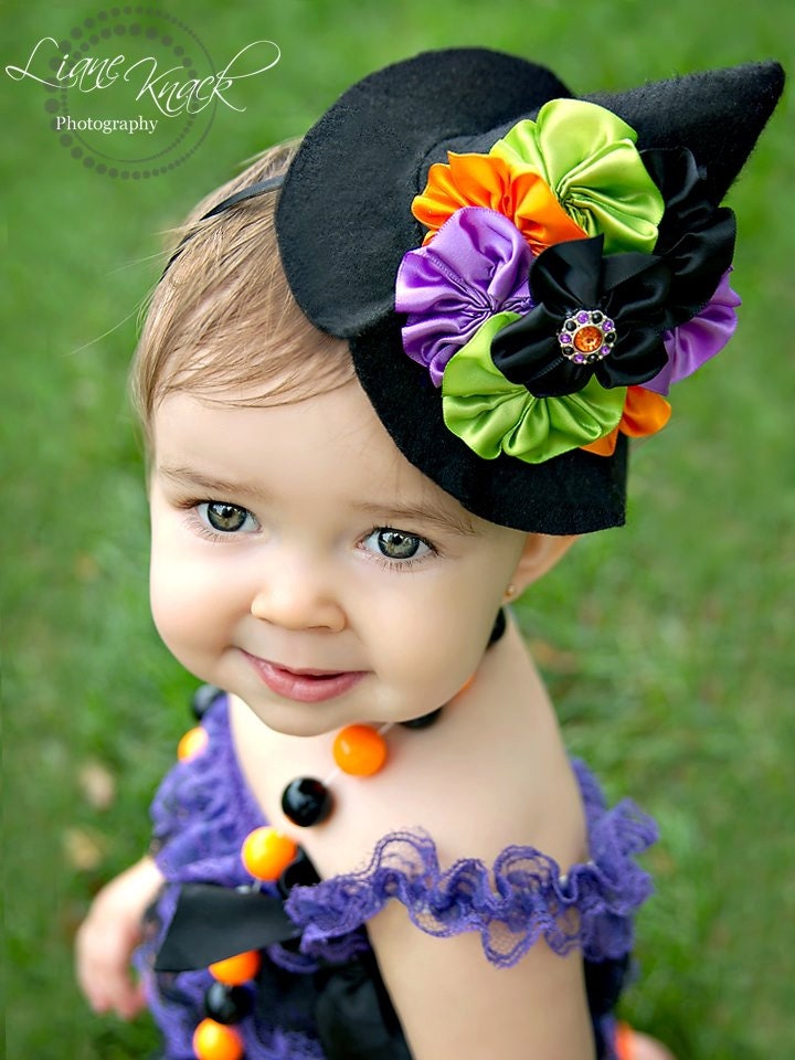 WiTCH Hat - Headband - Baby Black Orange Purple Green Costume Halloween Girls Women Good Bad Boutique Couture Photo Prop Fancy Bow FITS ALL