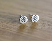 Tiny studs - posts - earrings - sterling silver - leaf - stamped