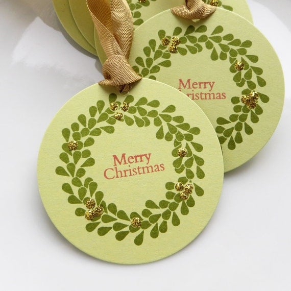 Merry Christmas Tags Glitter Wreath - Set of 6 Large - Holiday Gift Tags Christmas Gift Packaging Christmas Party Tags Il_570xn