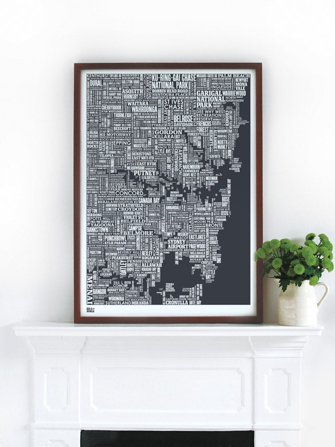 Sydney Type Map in Sheer Slate - decorative screen print