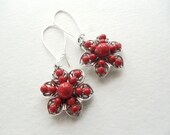 Red Coral Pearl Drop Earrings, Floral Filigree, Glass Pearl, Antiqued Silver, Flower Earrings, Beach Jewelry, Glass Pearls, Summer Fashion