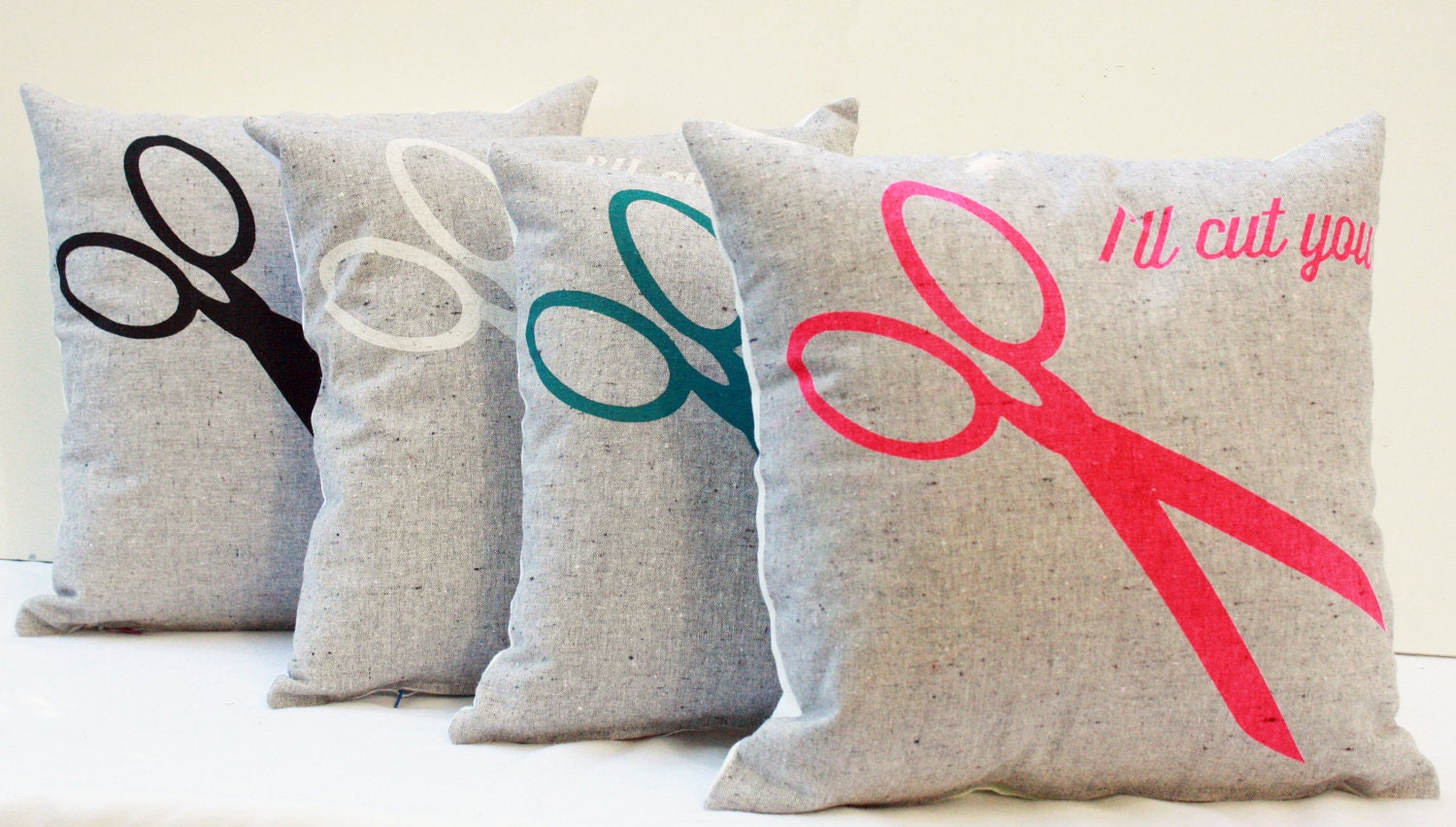 I'll Cut You - organic pillow, scissor screenprint pillow 12 x 12