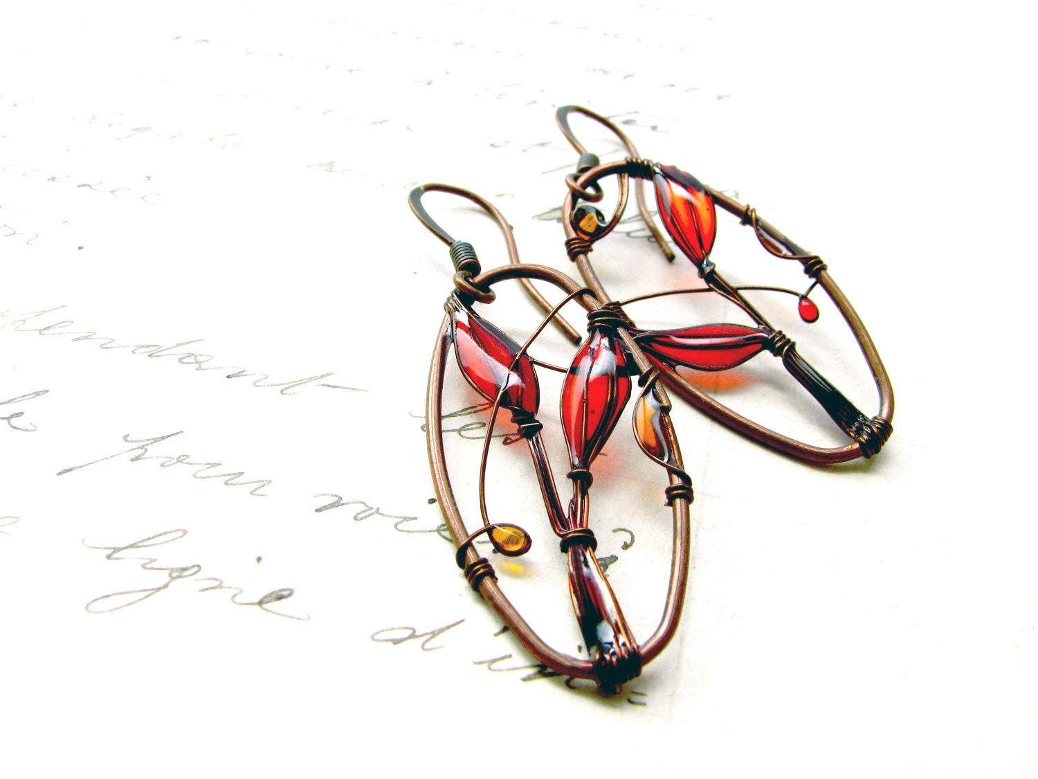 Earrings Red Landscapes. Dangle Earrings. Dark Copper Earrings. Red Earrings. Wire Earrings. Oval Earrings. Original Earrings.