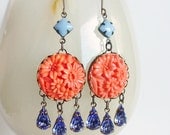 Coral Glass Flower Earrings Vintage Carved Japanese Glass Large Coral Peach Lavender