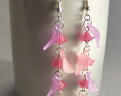 Hot Pink Lucite Flower Earrings with Pink and Purple Leaves