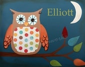 Childrens Art Print -Hooper Owl 8x10 - personalized childrens art wall decor nursery tree polka dot