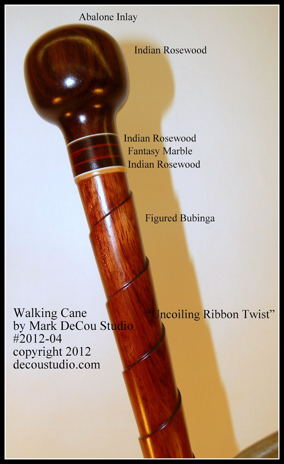 Custom Walking Cane, No. 2012-04, Uncoiling Ribbon Twist Shaft, SHIPS IMMEDIATELY, Purpleheart, African Zebrawood, Fancy Dress Stick