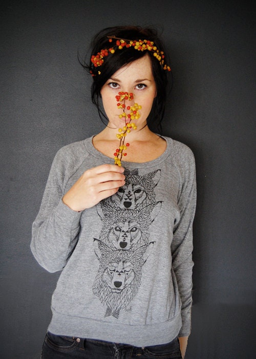 Wolf Totem - womens long sleeve raglan pullover Modern Wolf Wolves Boho - by Bark Decor