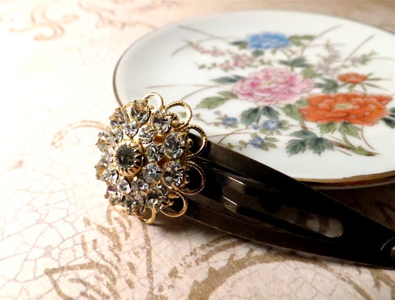 Gold Tone Swarovski Crystal Snap Barrette : formal or bridal rhinestone hair accessory - Summer SALE 20% off