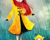 Fine Art Print - "Friday Afternoon" - Little Redhead Girl and White Puppy Dog in the Rain - Children's Room - 8.5x11 or 8x10 Art Print