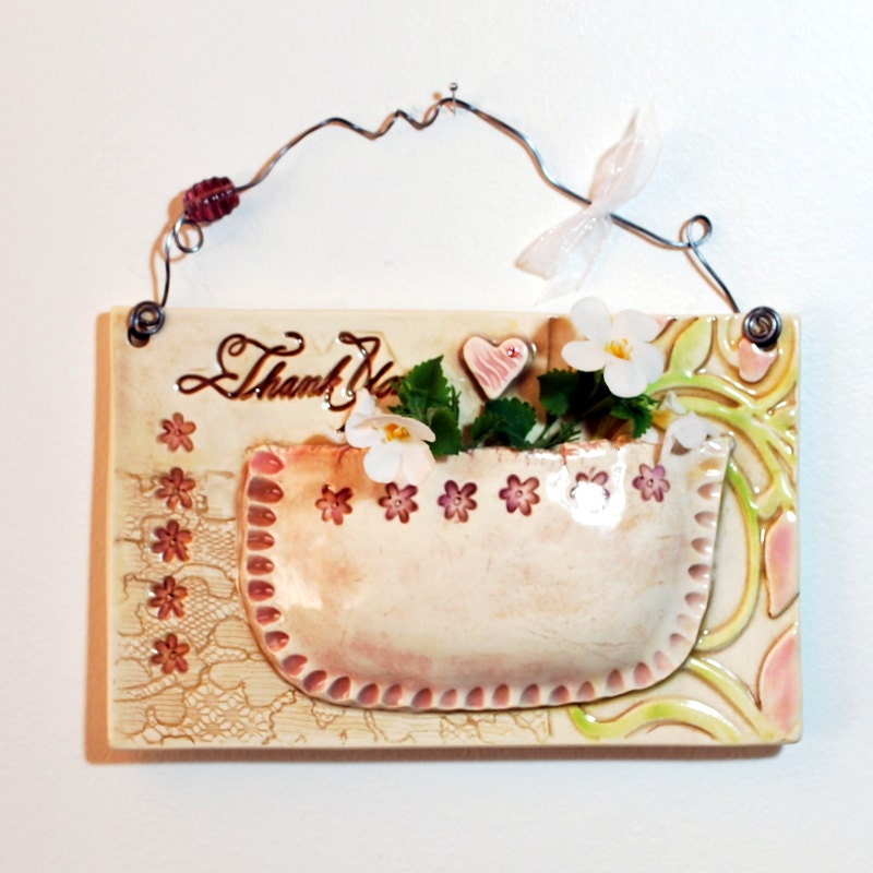 Ceramic Wall Hanging,   Thank You, Bridesmaids Gift, Vase, Sentiment, Gratitude, pink, fuchsia, green