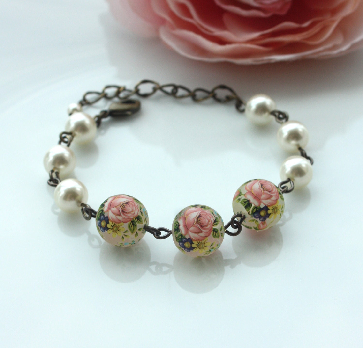 Matte Frosty Pink Flower, Pearl, Japanese Tensha Vintage Style Bracelet. Holiday Gifts. Fall Wedding. Bridesmaid Gift Ideas.