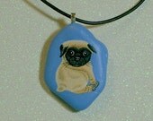 Pug dog, stone pendant, pug pet portrait, leather necklace, statement jewelry, ooak handmade, hand painted rocks by Rockartiste