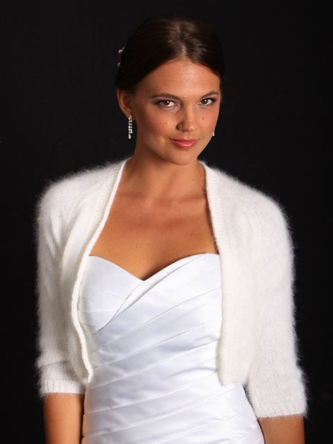 Ready to ship - IVORY Kate Middleton Angora hand knitted three-quarter sleeve cropped with deep v neck/ bridal bolero/ Will fit Size Medium