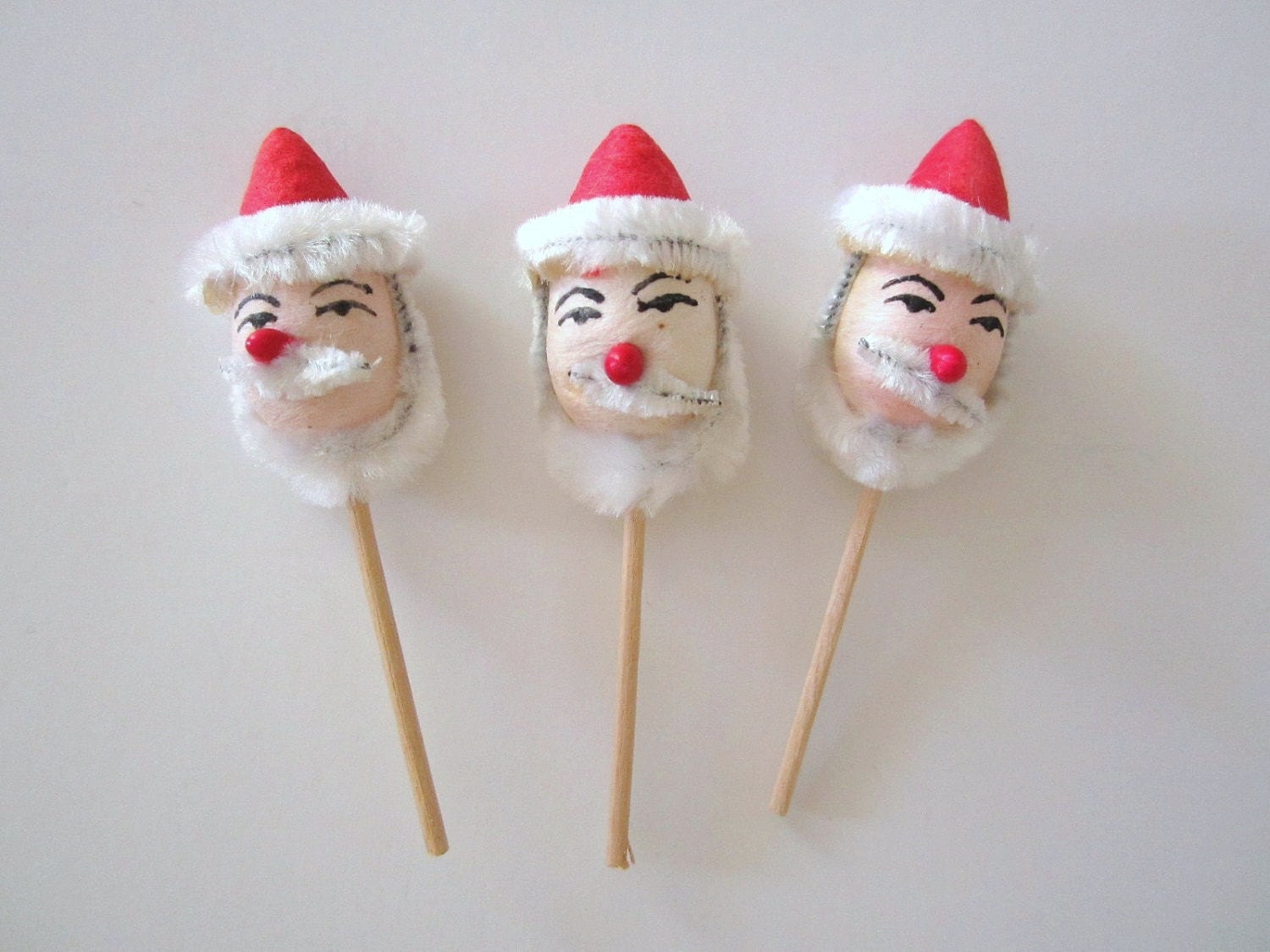 3 Vintage Santa Picks Spun Cotton