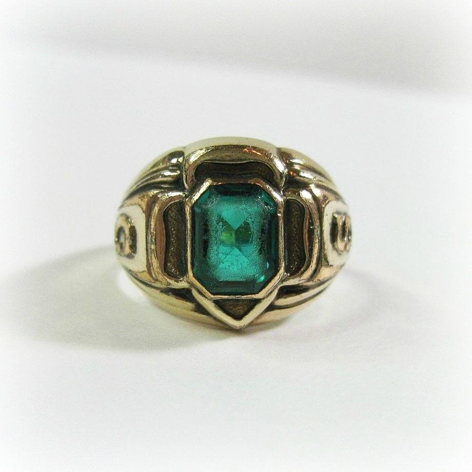 Vintage 1950s Girl Scouts Ring - Green Stone - GS - Gold Filled - Size 5.75 - WickedDarling