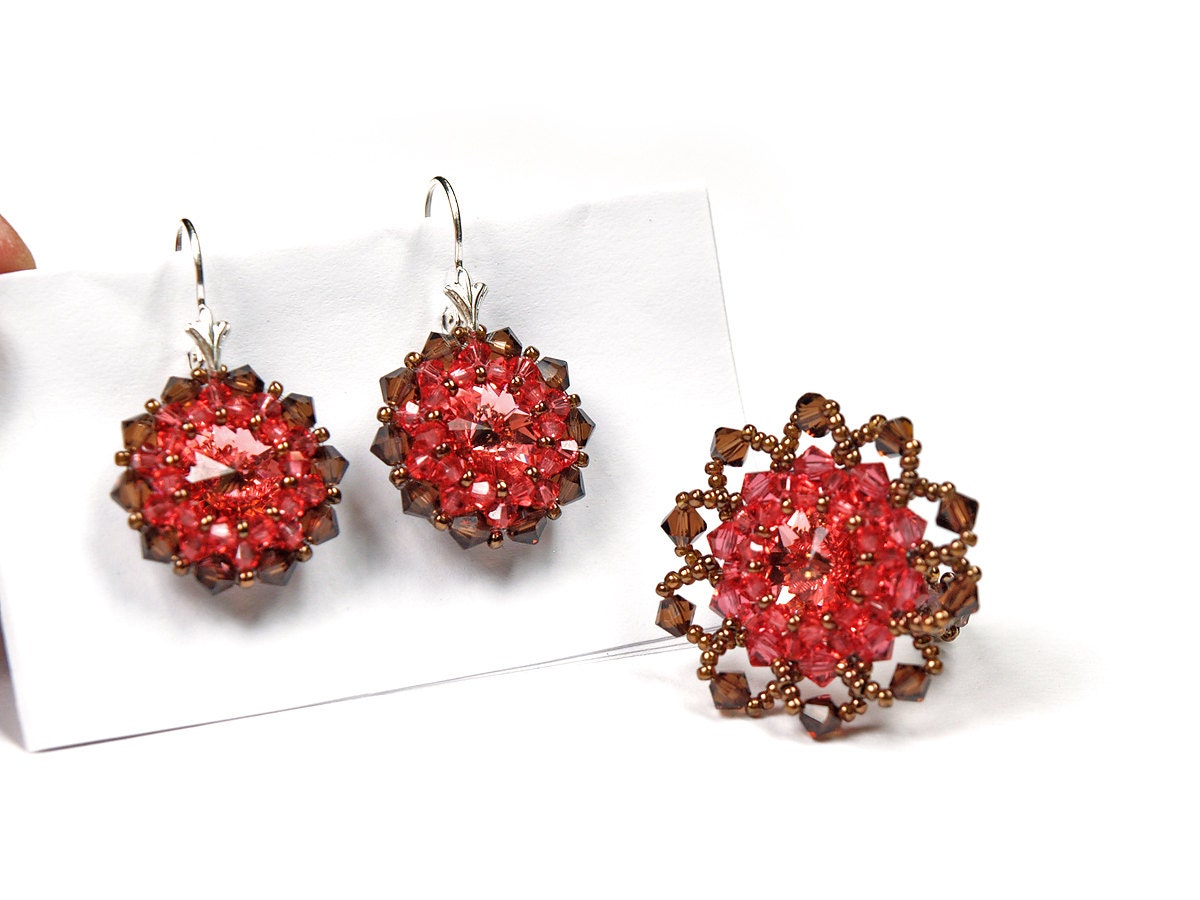 Sophisticated, Unique, Women's Designer Jewelry, Sterling silver Earrings Ring jewelry set, Red, Brown, Swarovski Crystal, 'Flaming Flower