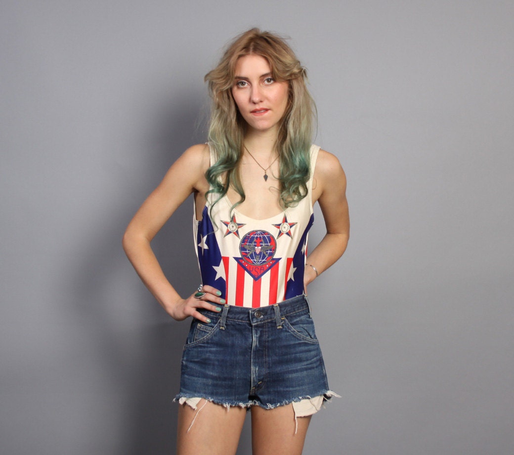 1980s PATRIOTIC Flag SWIMSUIT / Stars & Stripes Shiny Bathing Suit, xs-s
