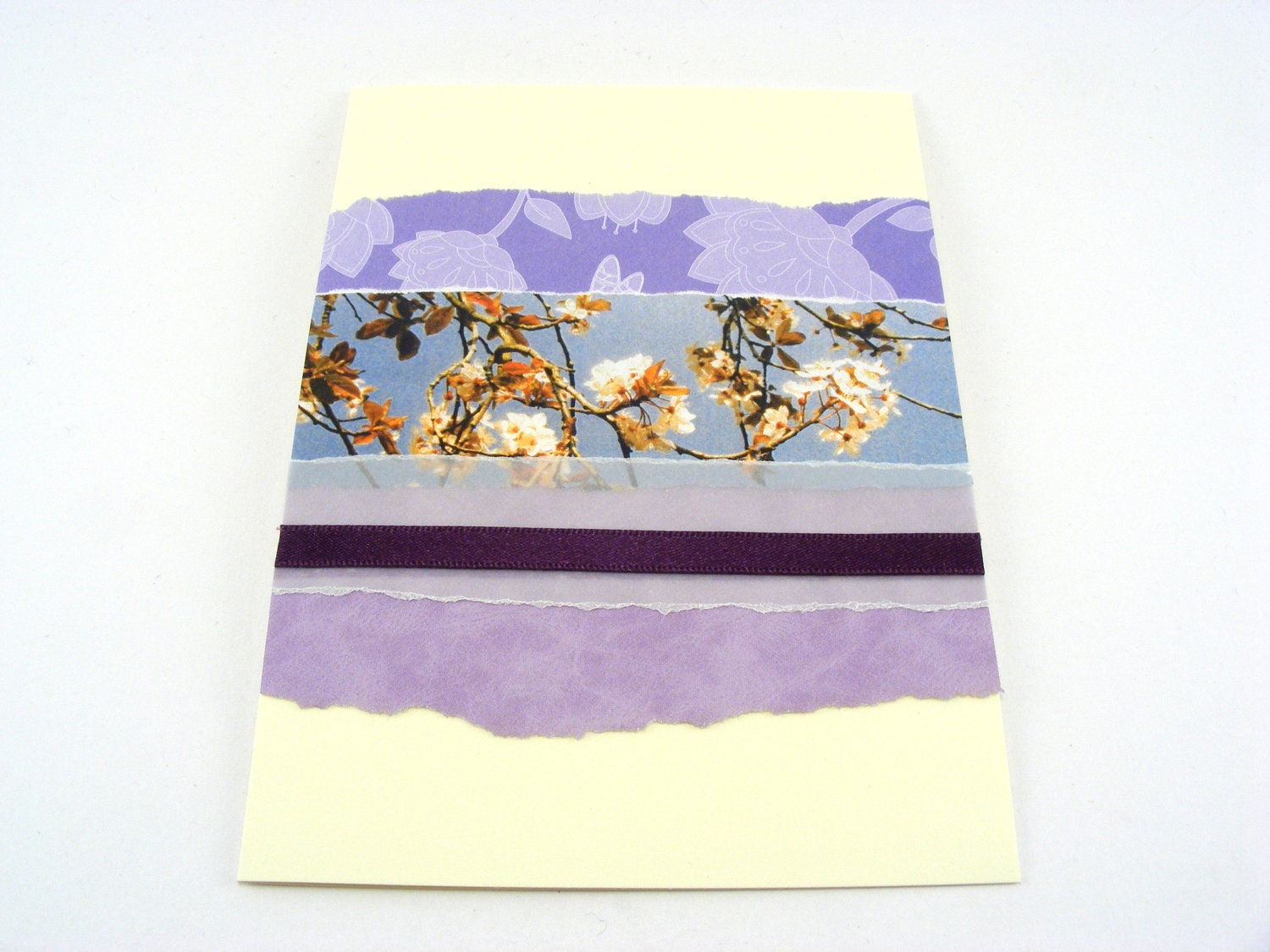 Cherry Blossom Card,  Handmade Lilac Blue Paper Collage Design, A6 Blank Greeting Card, by Jessica Sherriff