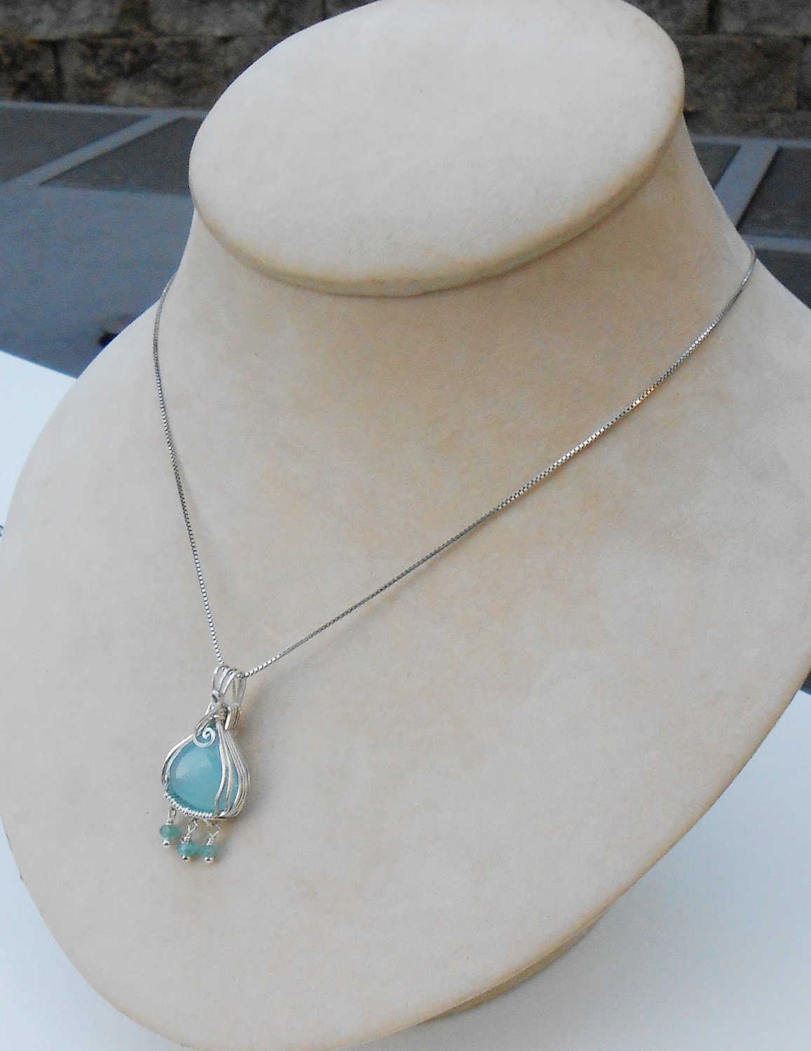 Chalcedony and Apatite Sterling Silver Wire wrapped pendant