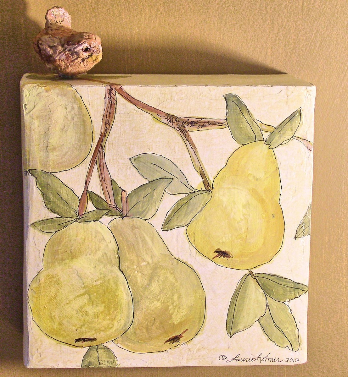 Painted Canvas Panel Mixed Media Pears Sculpted Bird.
