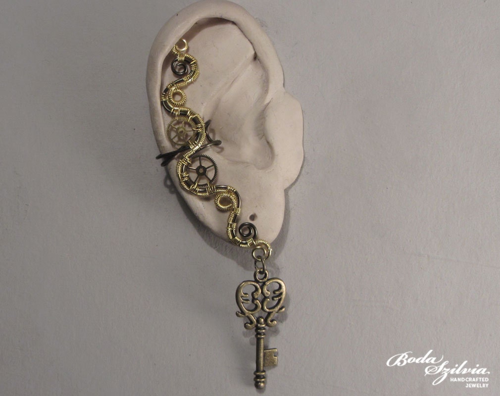 STEAMPUNK KEY - OOAK  brass and bronze ear cuff
