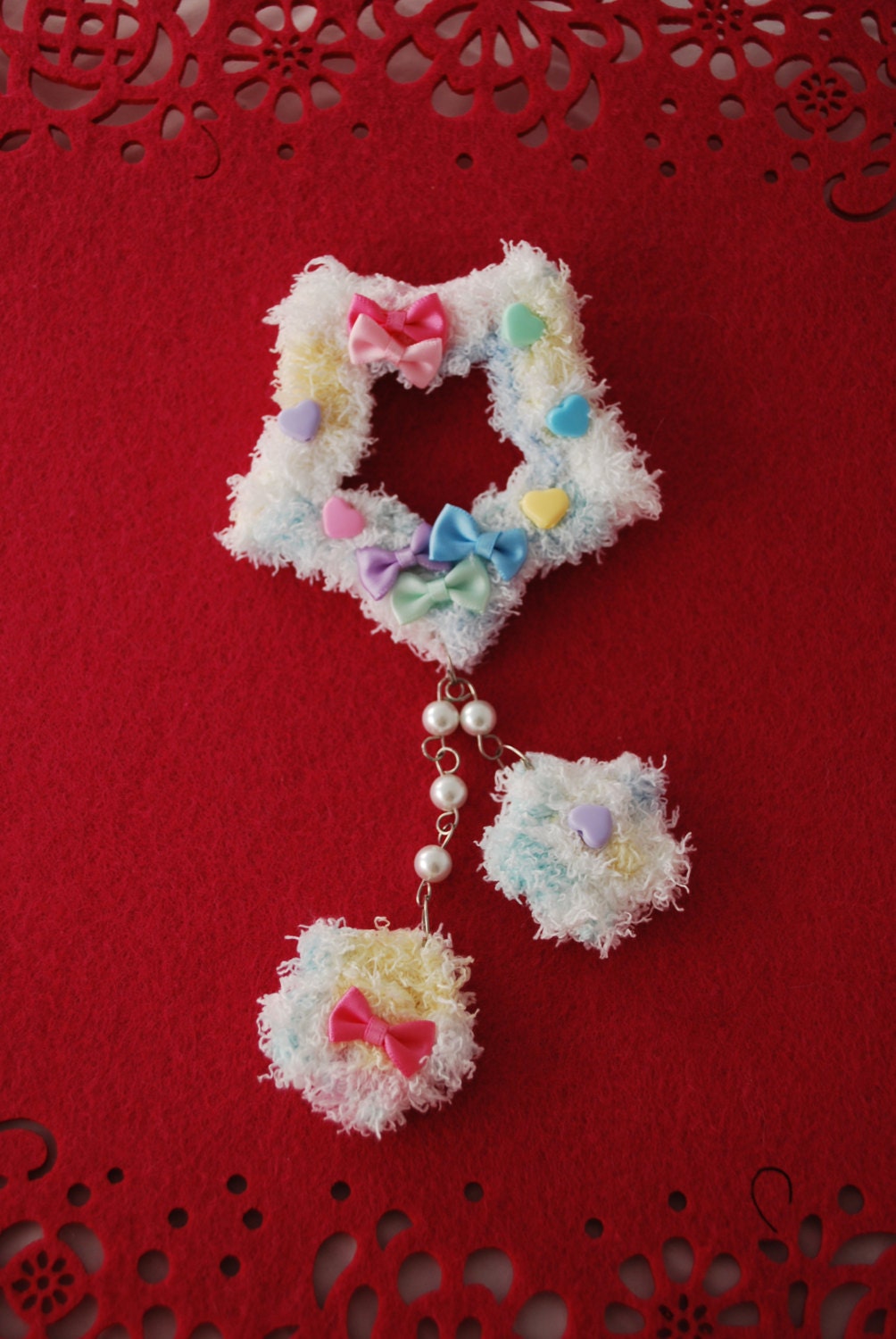 2-Way Multi Color Hearts & Bows Fuzzy Shooting Star Barrette/Pin