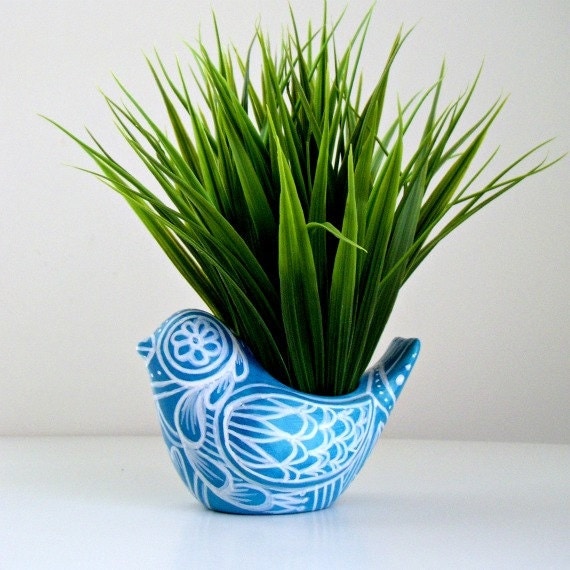 Bird Planter Ceramic Folk Art Turquoise Blue White Spring Home Decor Vase Hand Painted Tattoo Flowers Hearts - READY TO SHIP