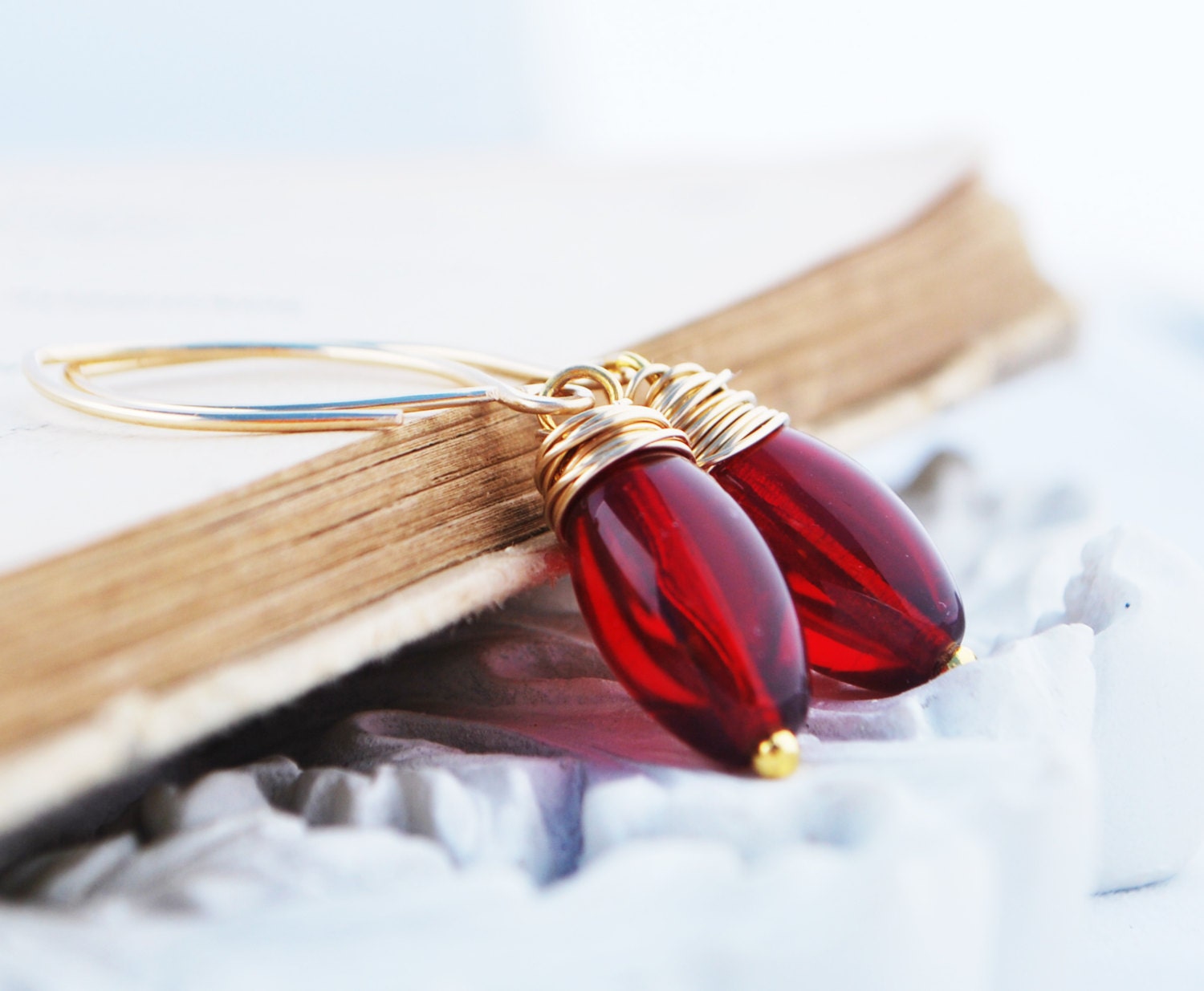 Siam Blood Red Czech Glass Oval Cylander Wire Wrapped with 14k Gold Filled Wire -