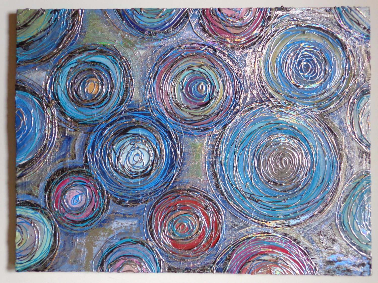 Abstract Circles Textured Original Acrylic Canvas Painting Foiled 24Lx18Wx1  Beautiful Colors and Texture