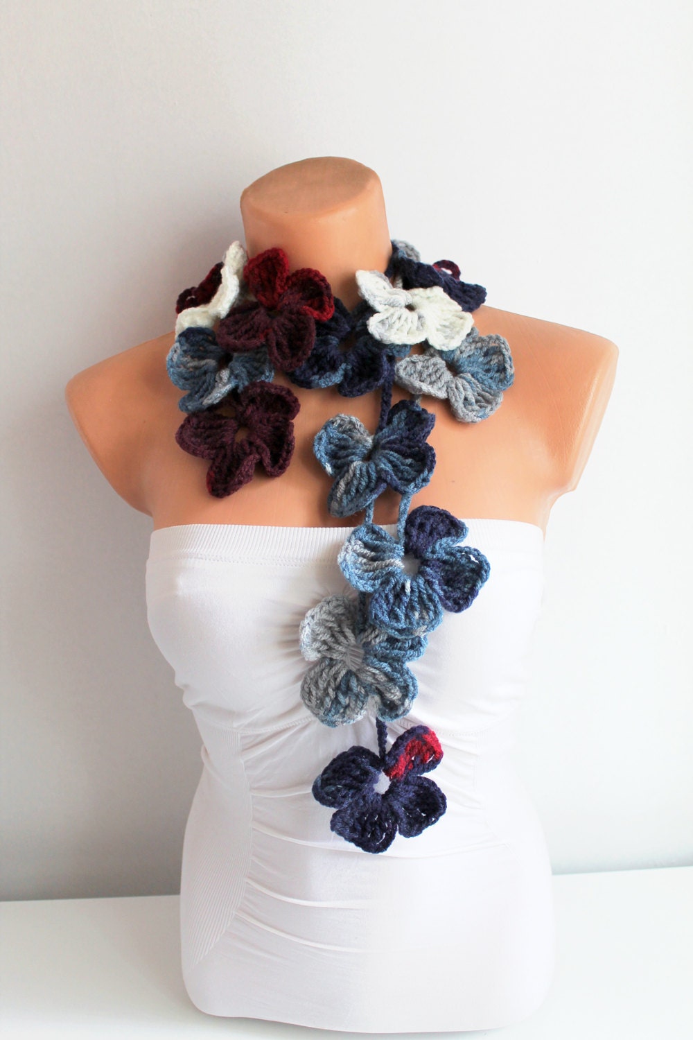 Flower Scarf Hand Crochet Lariat Scarf White Blue Burgundy