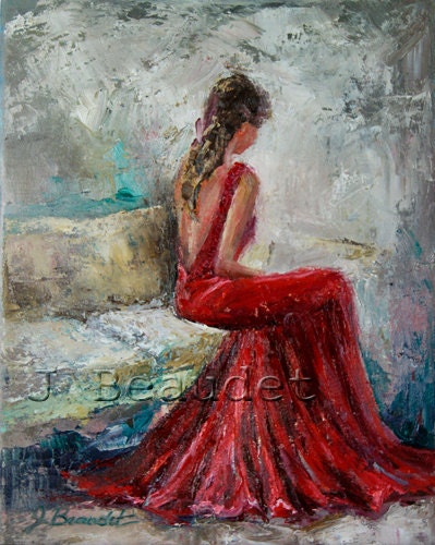 Print of Original Impressionist oil Painting Abstract Figure Woman Red Dress