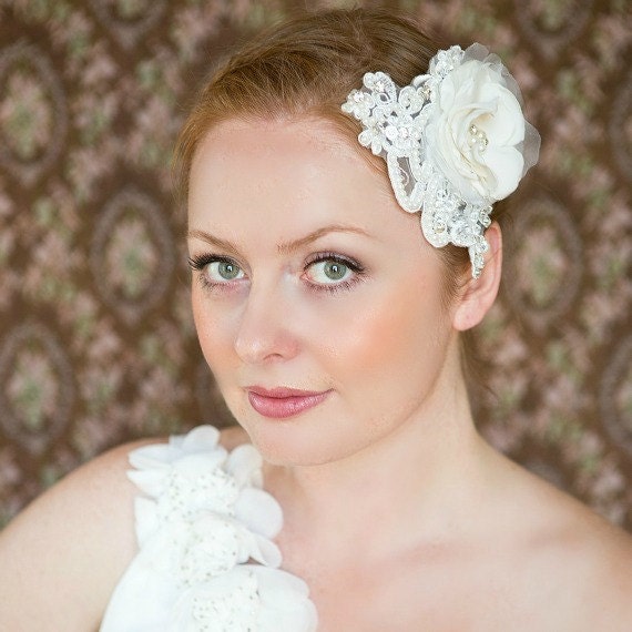 Bridal flower fascinator with beaded alencon lace accents