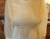 Vintage Cream Crochet Sheer Sleeve Baby Doll lolita Boho Mini Gogo Party Dress M