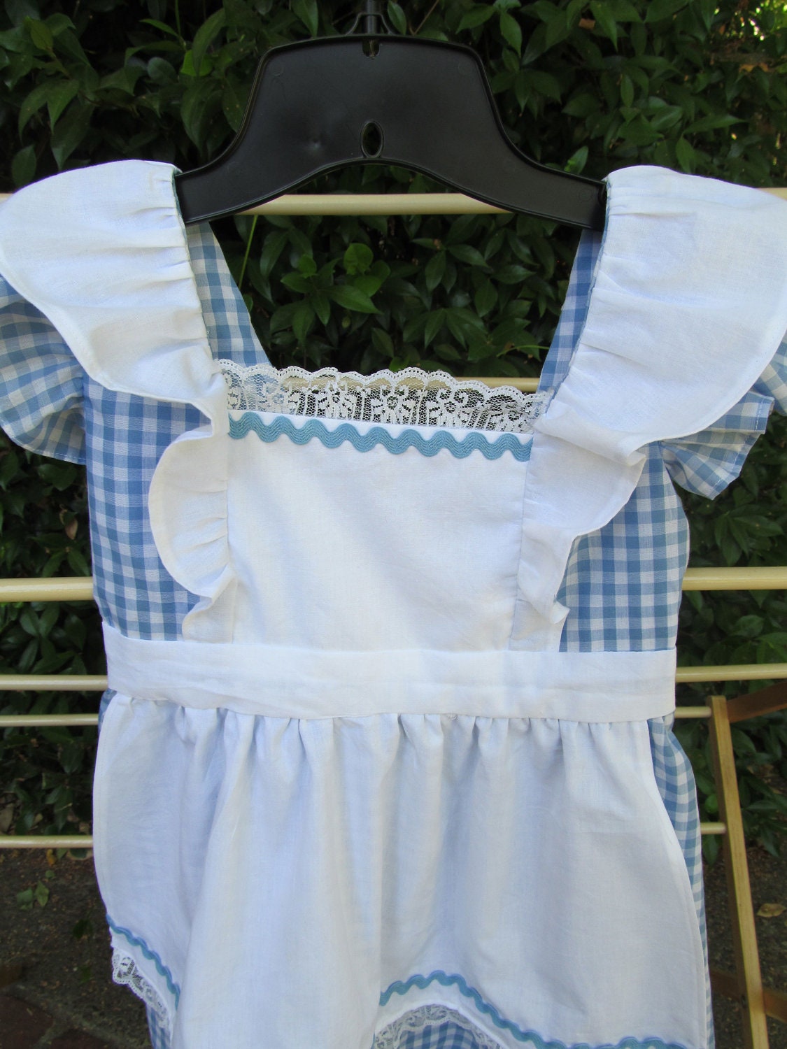 Ruffled apron blue gingham check dress up apron girls