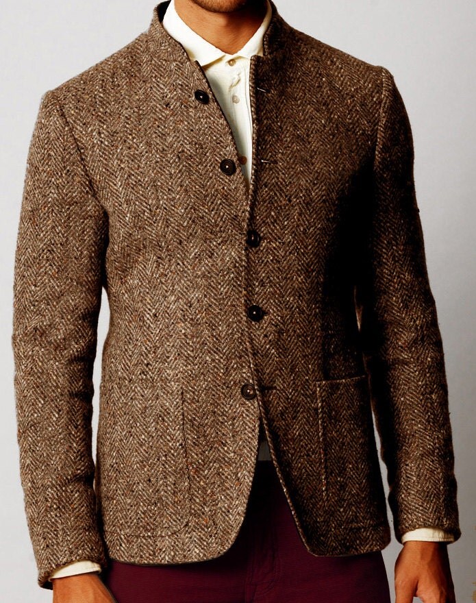 Custom Men's brown wool tweed jacket with short collar. Nehru in tweed