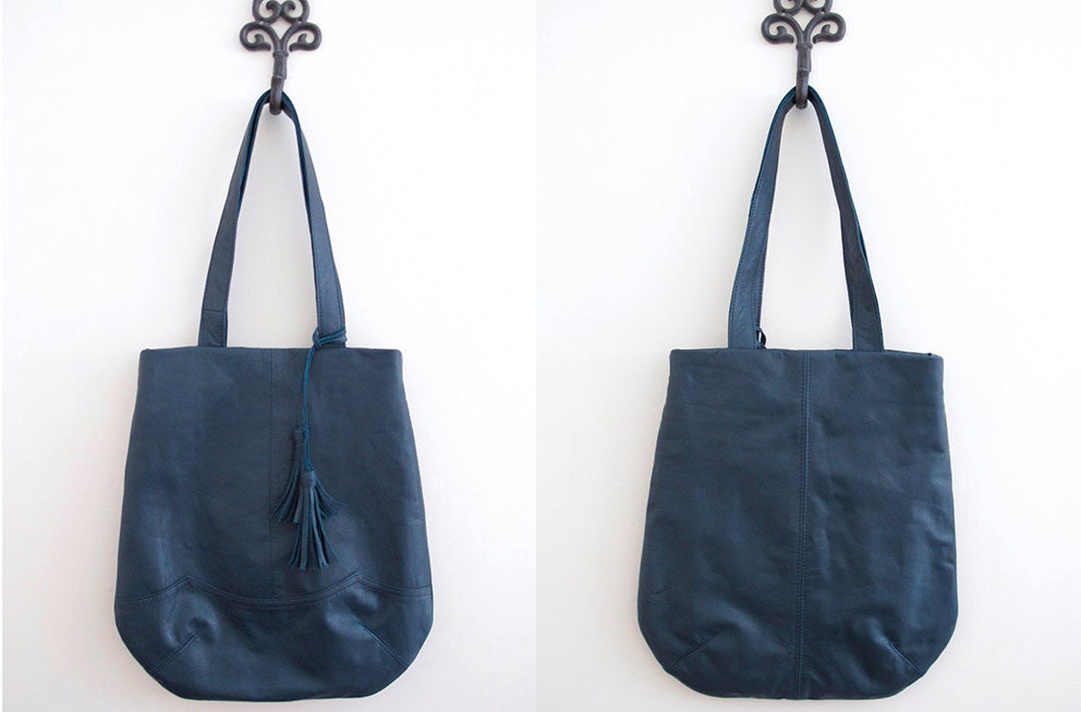 Steel Blue Recycled Leather Tote ... NEW STYLE ... Simple Understated Everyday Bag