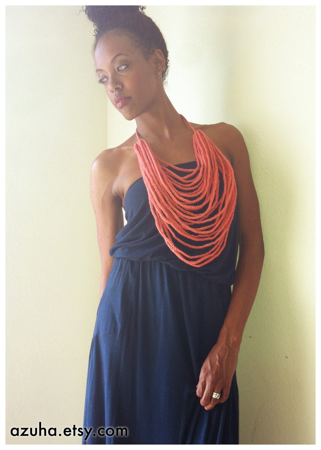 PROSPERITY---crocheted chain fiber necklace in "guava"