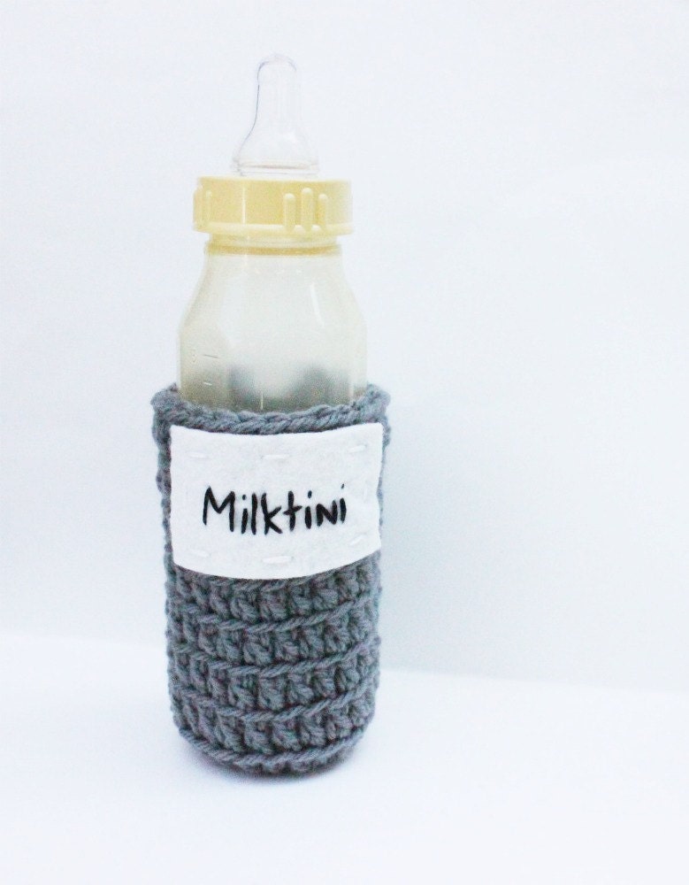 Milktini funny baby bottle cozy gray black unisex crochet handmade cover koozie kids accessories